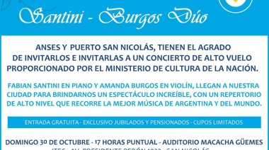 El Puerto de San Nicolás y ANSES invitan a un concierto de piano y violín para el próximo domingo.