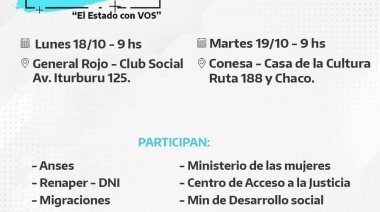 El Programa “Bien cerca. El Estado con vos” estará en General Rojo el lunes y en Conesa el martes.