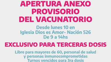 Se abrirá un anexo provisorio dependiente del centro de vacunación en la Iglesia Dios es Amor