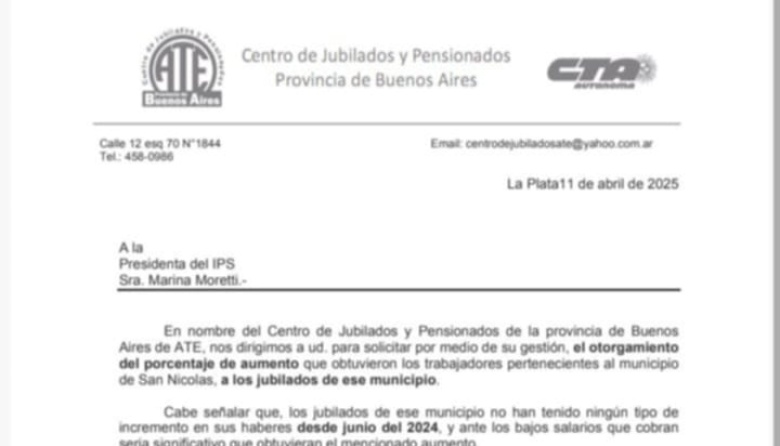Respecto al aumento otorgado a los municipales. El Centro de jubilados y pensionados de ATE informa
