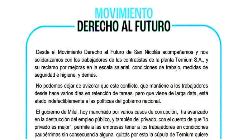 MDF San Nicolás se solidariza con los trabajadores de empresas tercerizadas de Ternium a través de un comunicado